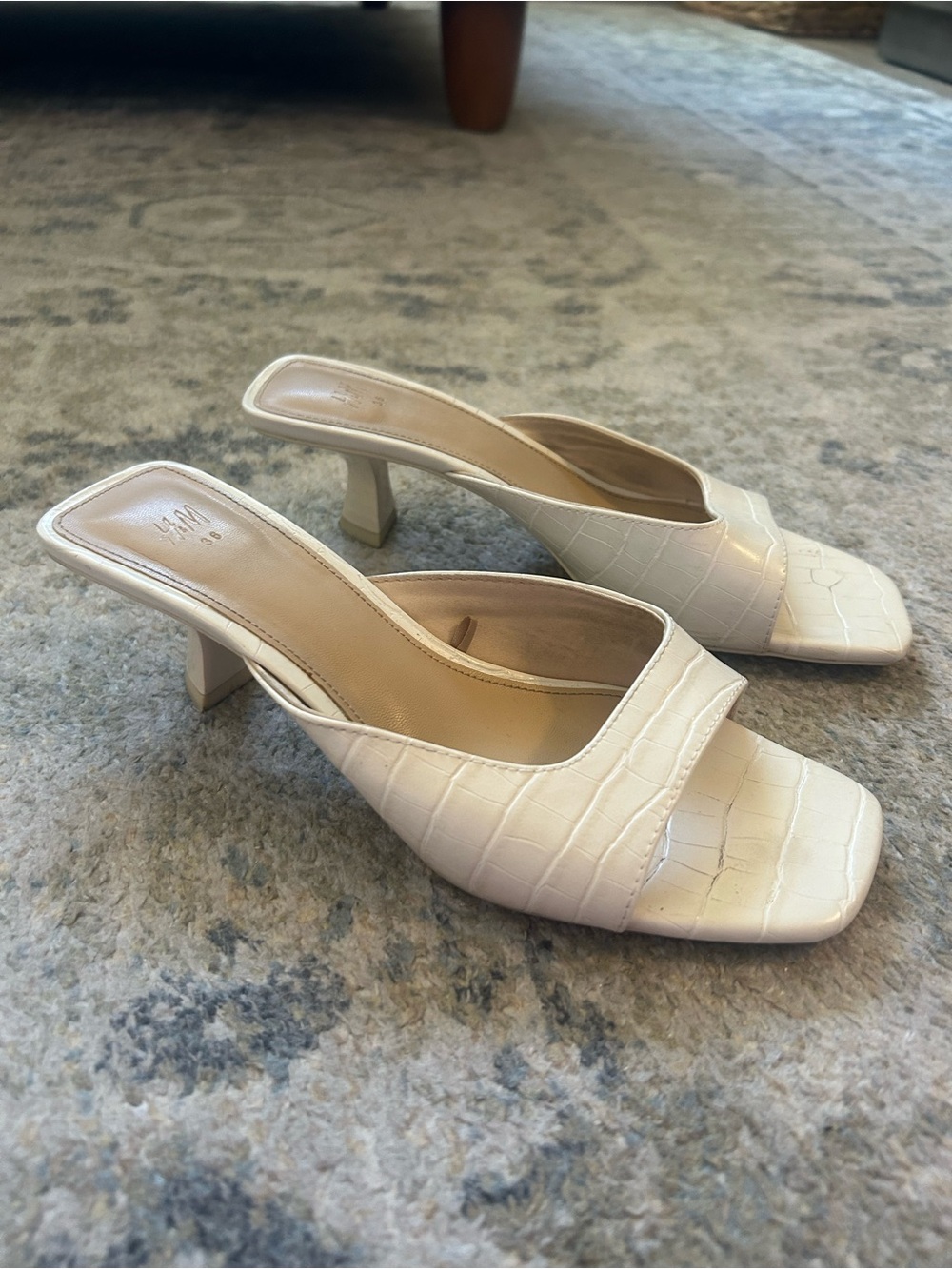 H&M Cream Croc-Embossed Square Toe Mule Heels